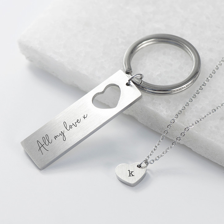 Personalised Love Heart Necklace & Keyring Set