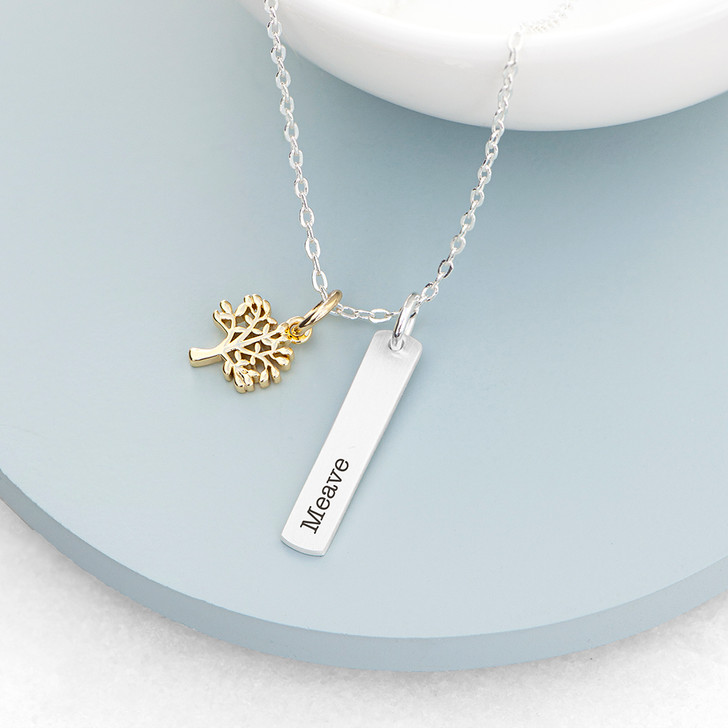 Personalised Tree Of Life Vertical Pendant Bar Necklace