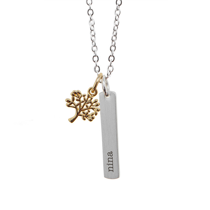 Personalised Tree Of Life Vertical Pendant Bar Necklace