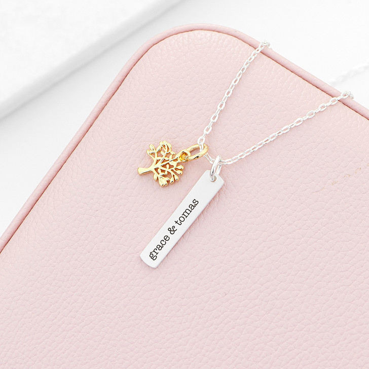 Personalised Tree Of Life Vertical Pendant Bar Necklace