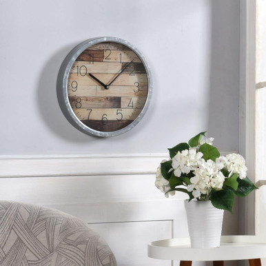 Adornment - 13.78 Inch Round Framed Faux Plank Wood Wall Clock with Glass Front - WC2175DS