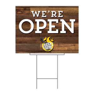 we're open yard sign - uv printed with wire frame we're open yard sign - uv printed with wire frame