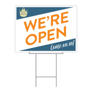 we're open yard sign - uv printed with wire frame we're open yard sign - uv printed with wire frame