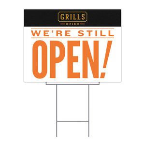 we're open yard sign - uv printed with wire frame we're open yard sign - uv printed with wire frame