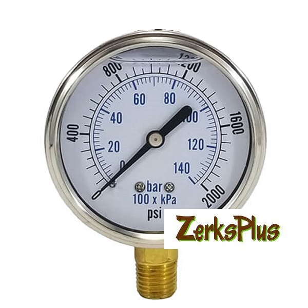 2000 PSI Liquid Filled 2-1/2" Pressure Guage Stainless Case Lower Mt
