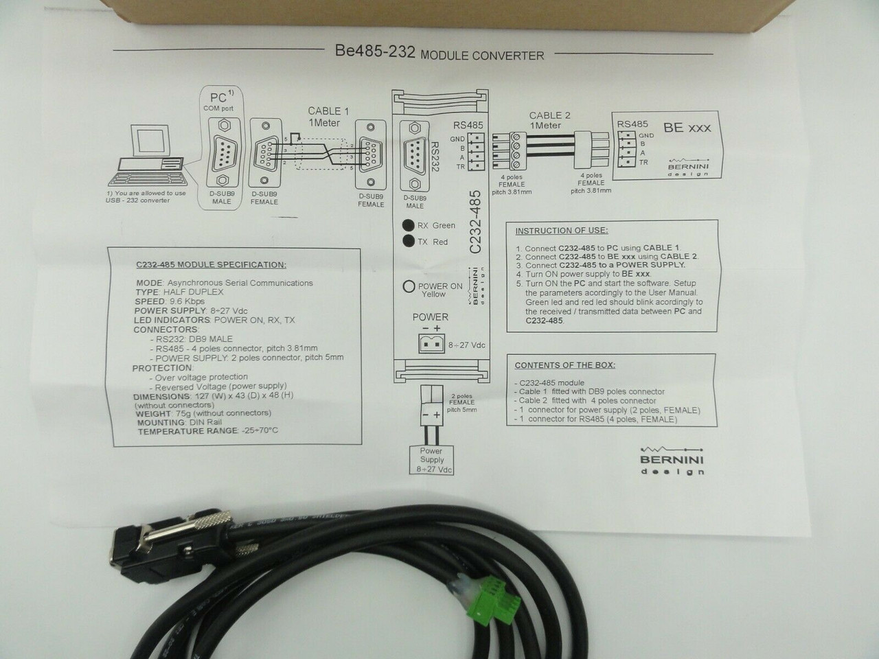 Bernini Be485-232 Module Converter w/ Cable Set & Spec Sheet (RS232-RS485)