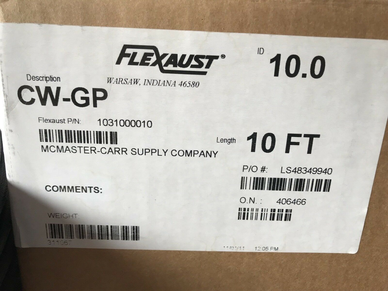 FEXAUST 10” X 10’ HOSE, Model CW-GP