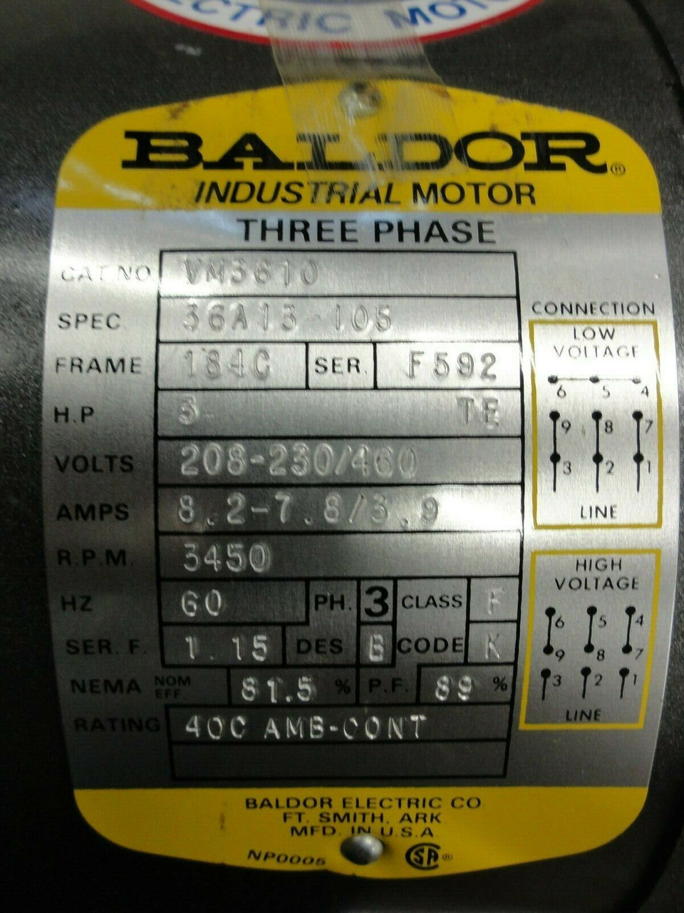 Pump w/ Baldor VM3610 Motor 3HP 3450RPM 208-230/460V, Spec 36A15-105 FR: 184C