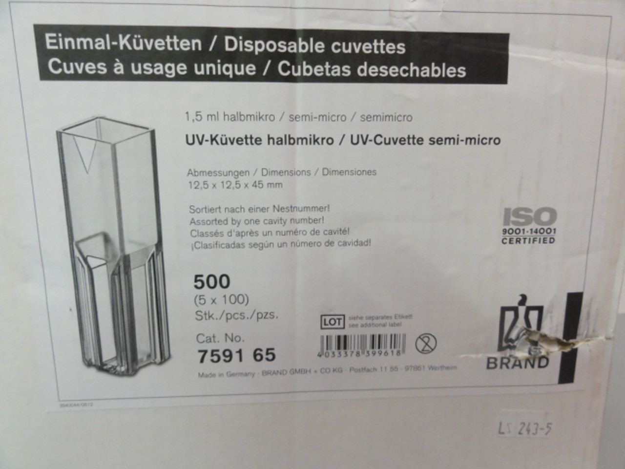 BrandTech 759165 UV-Cuvette Semi-Micro, 500 Pack , 1.5 ml