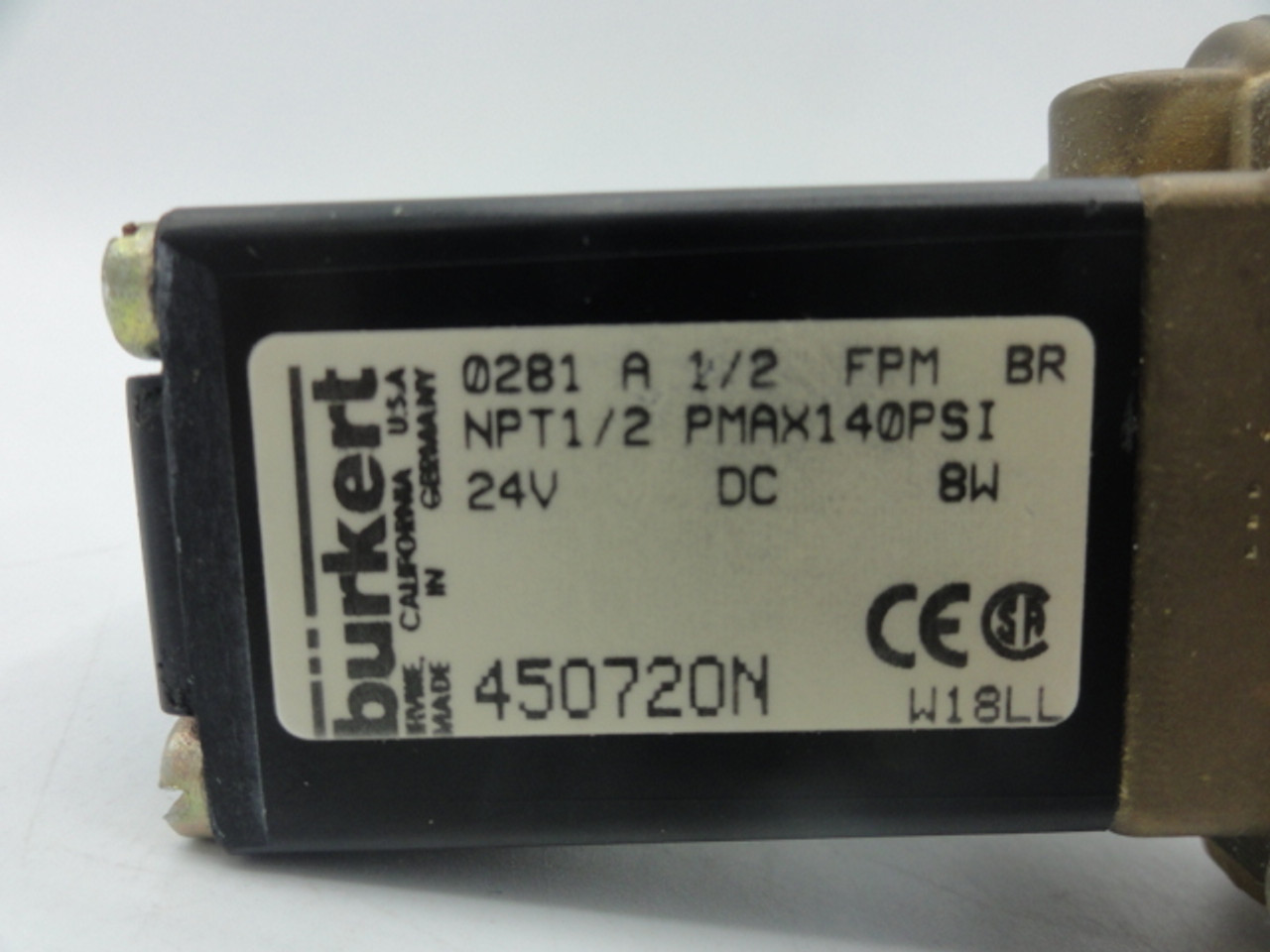 Burkert 450720N Solenoid Valve, NPT 1/2, PMAX 140PSi