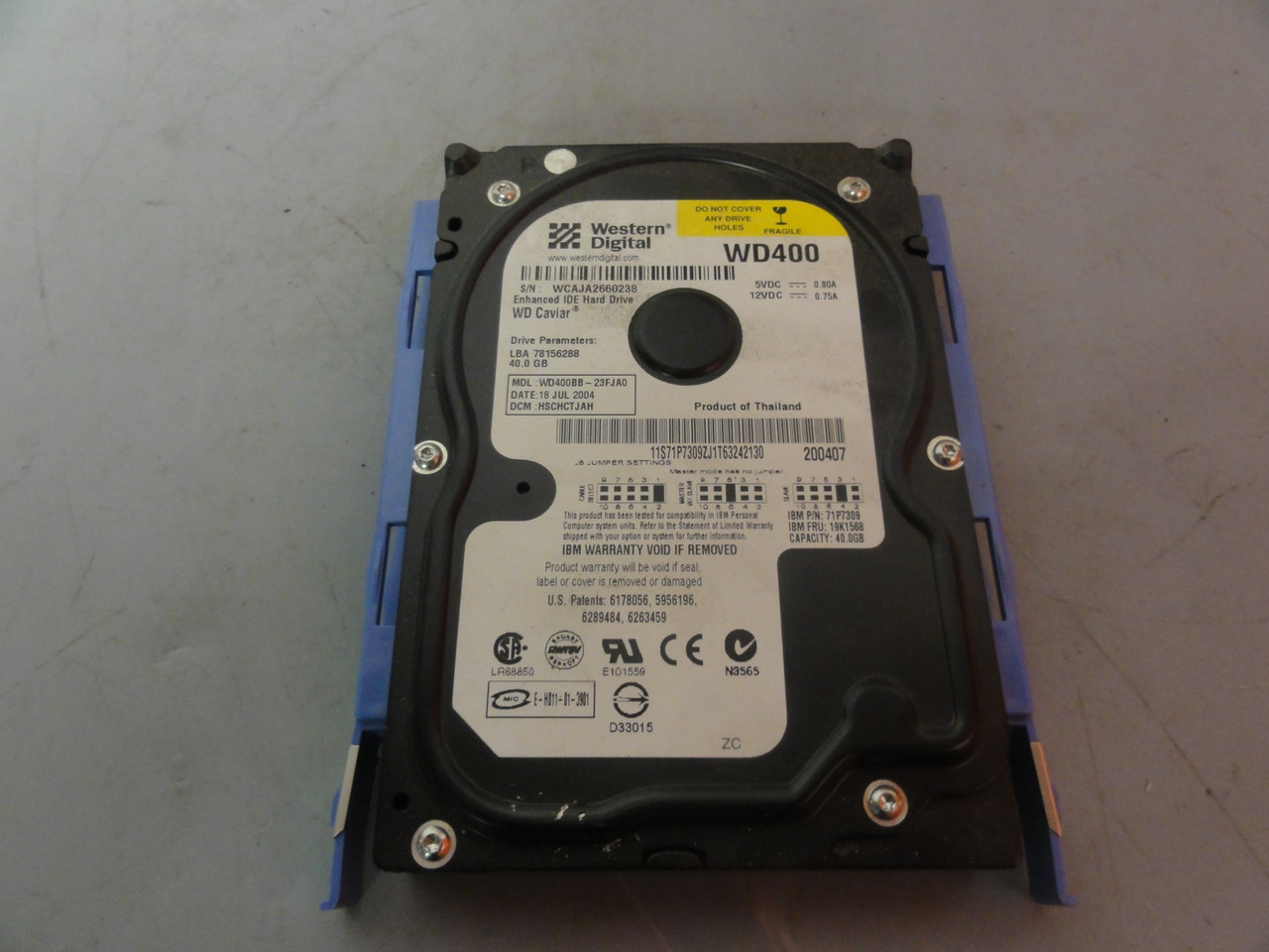 Western Digital WD400BB-23FJA0 IDE Hard Drive W/ Slider Attachment