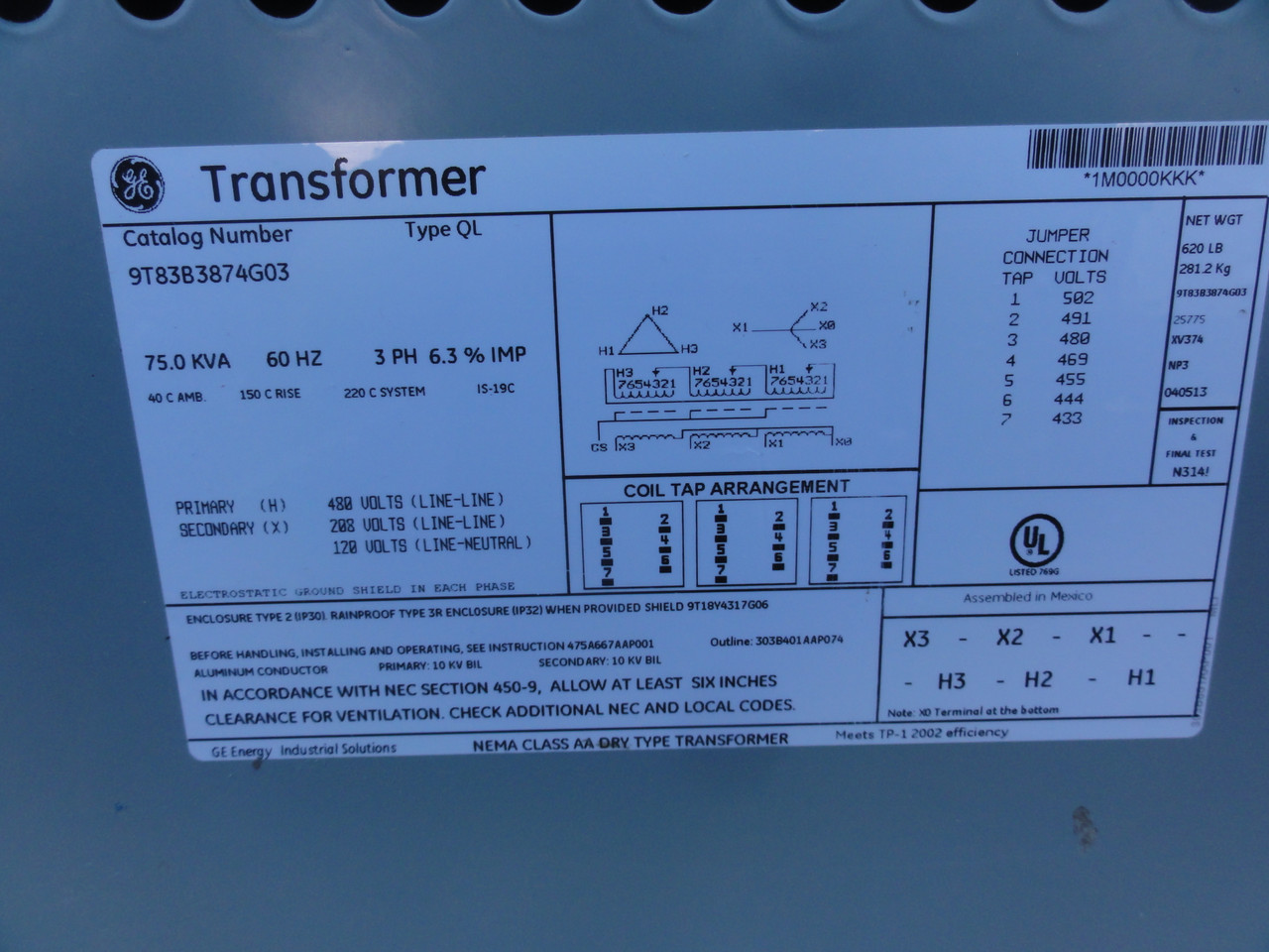 General Electric 9T83B3874G03 Type QL General Purpose Dry Type Transformer 75.0 KVA