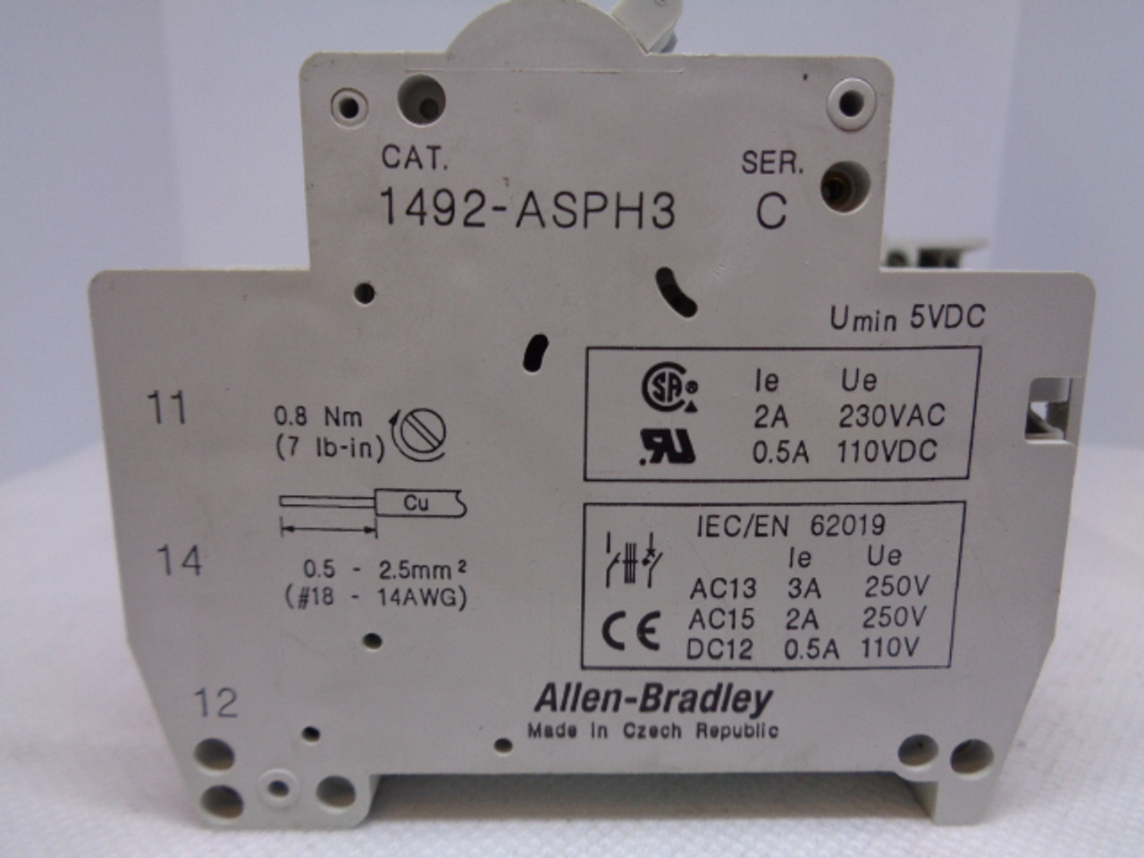 (3) Allen Bradley 1492-SP1C100 Ser. C, C1, 1A Circuit Breakers w/ 1492-ASPH3