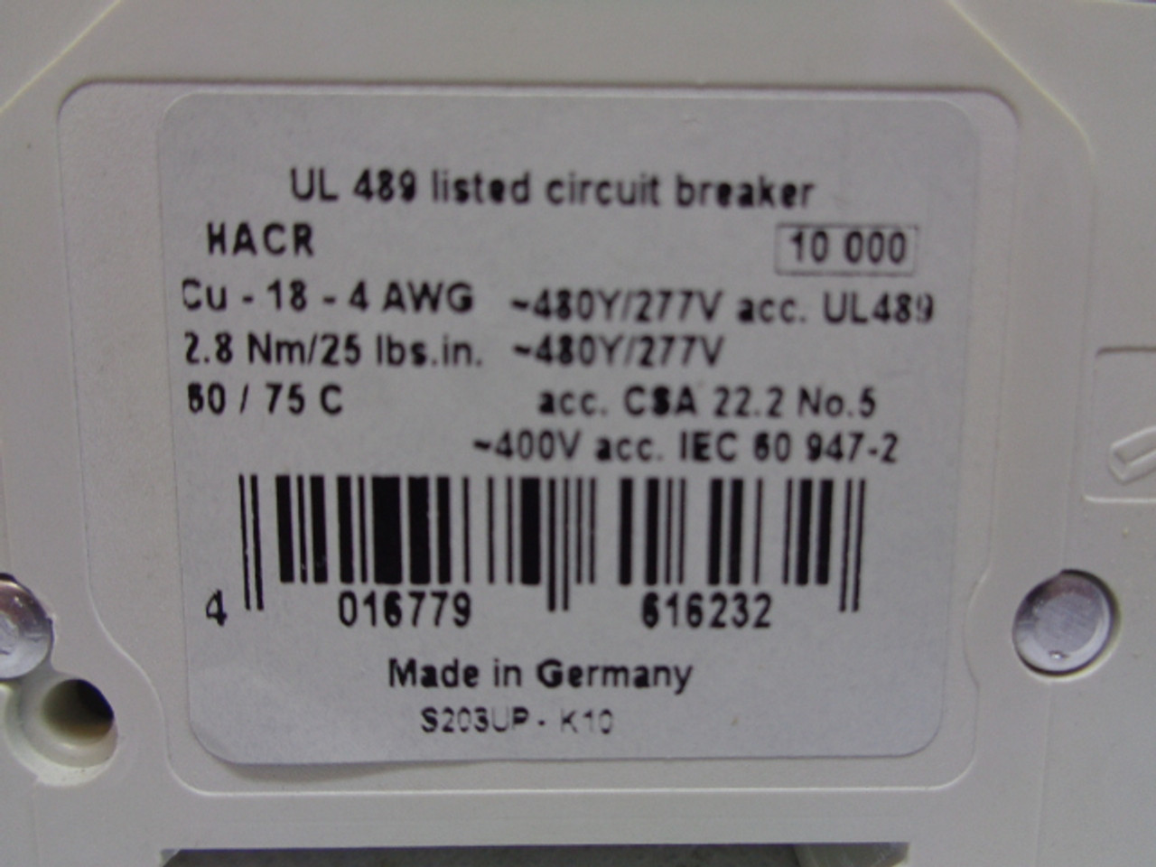 ABB S203UP K16A, 3-Pole Circuit Breaker, ~480Y/277V, 50/60Hz, 10kA IR