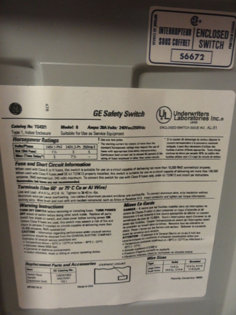 GE Cat# TG4321 Model 8 Safety Disconnect Switch, 30A, 240Vac / 250Vdc, 7.5HP