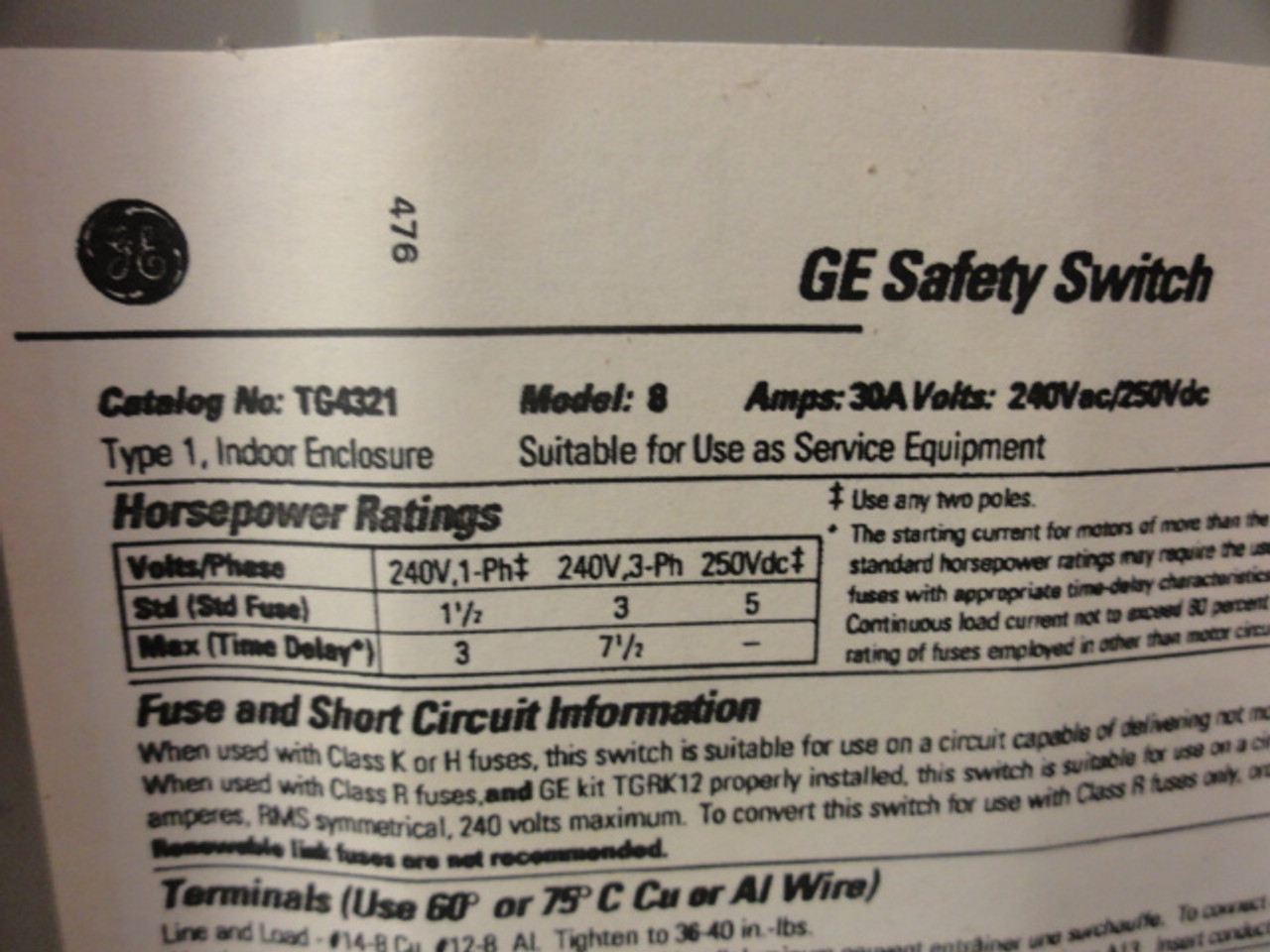 GE Cat# TG4321 Model 8 Safety Disconnect Switch, 30A, 240Vac / 250Vdc, 7.5HP