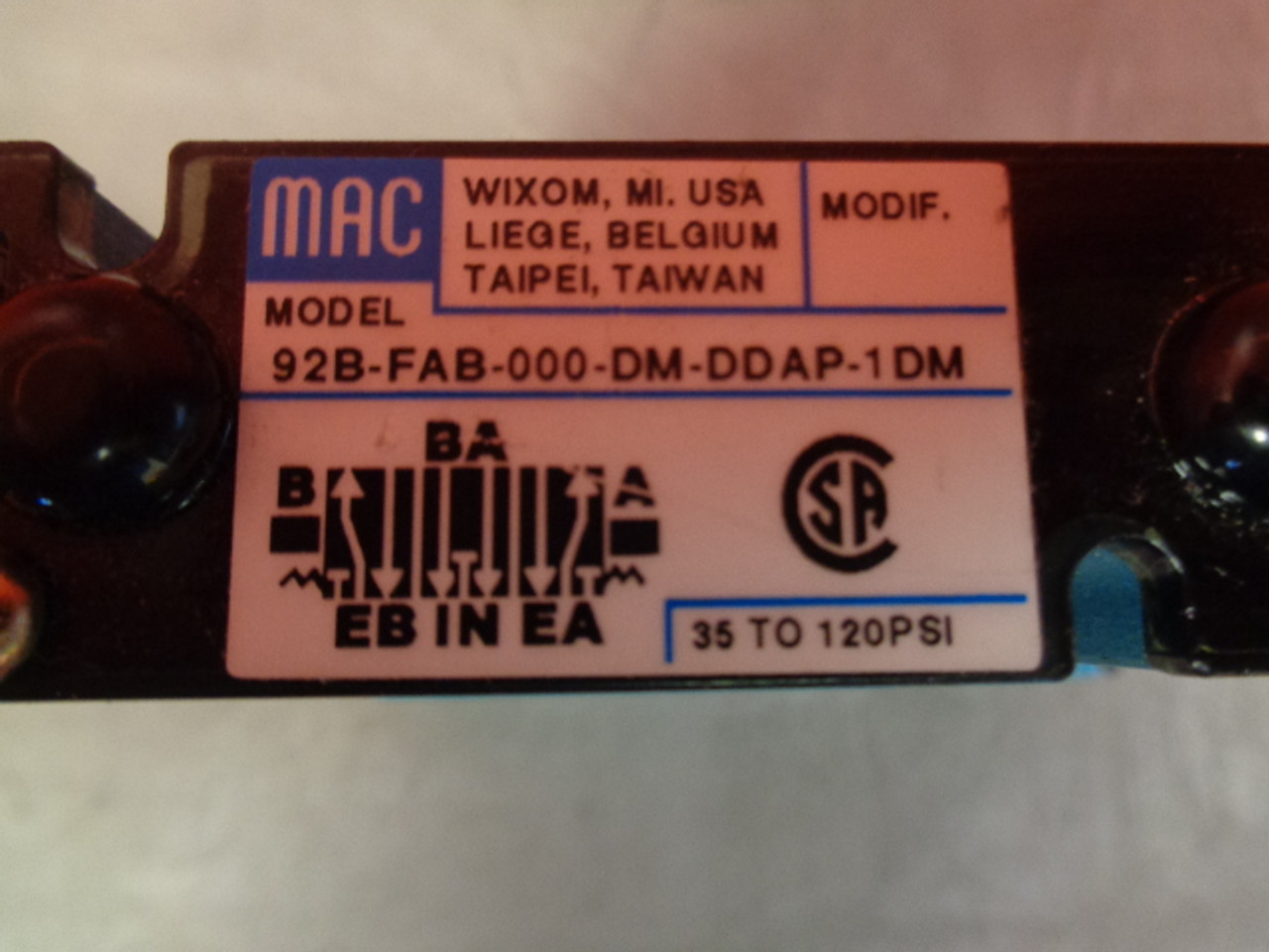 MAC 92B-FAB-000-DM-DDAP-1DM Solenoid Valve w/ Coils & Pneumatic Valve
