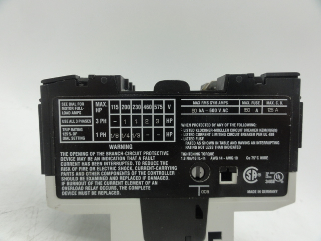 Klockner Moeller PKZMO -1,6-T Manual Motor Protector, 50/60 Hz