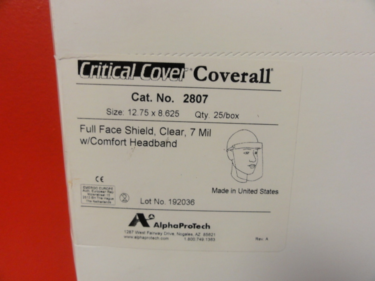 Box of 25 Alpha Protech Critical Cover Coverall 2807 Full Face Shield