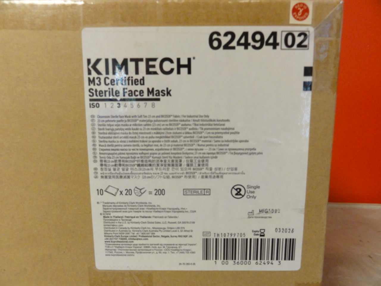 Kimtech 62494(02) M3 Certified Sterile White Face Masks, 10 Bags of 20