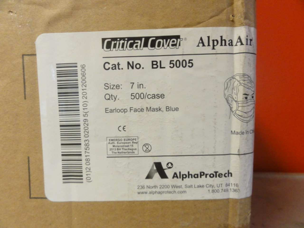 Case/10 Boxes Alpha Protech Critical Cover 7" AlpaAir BL5005 Earloop Face Masks, Blue (500 per/case)