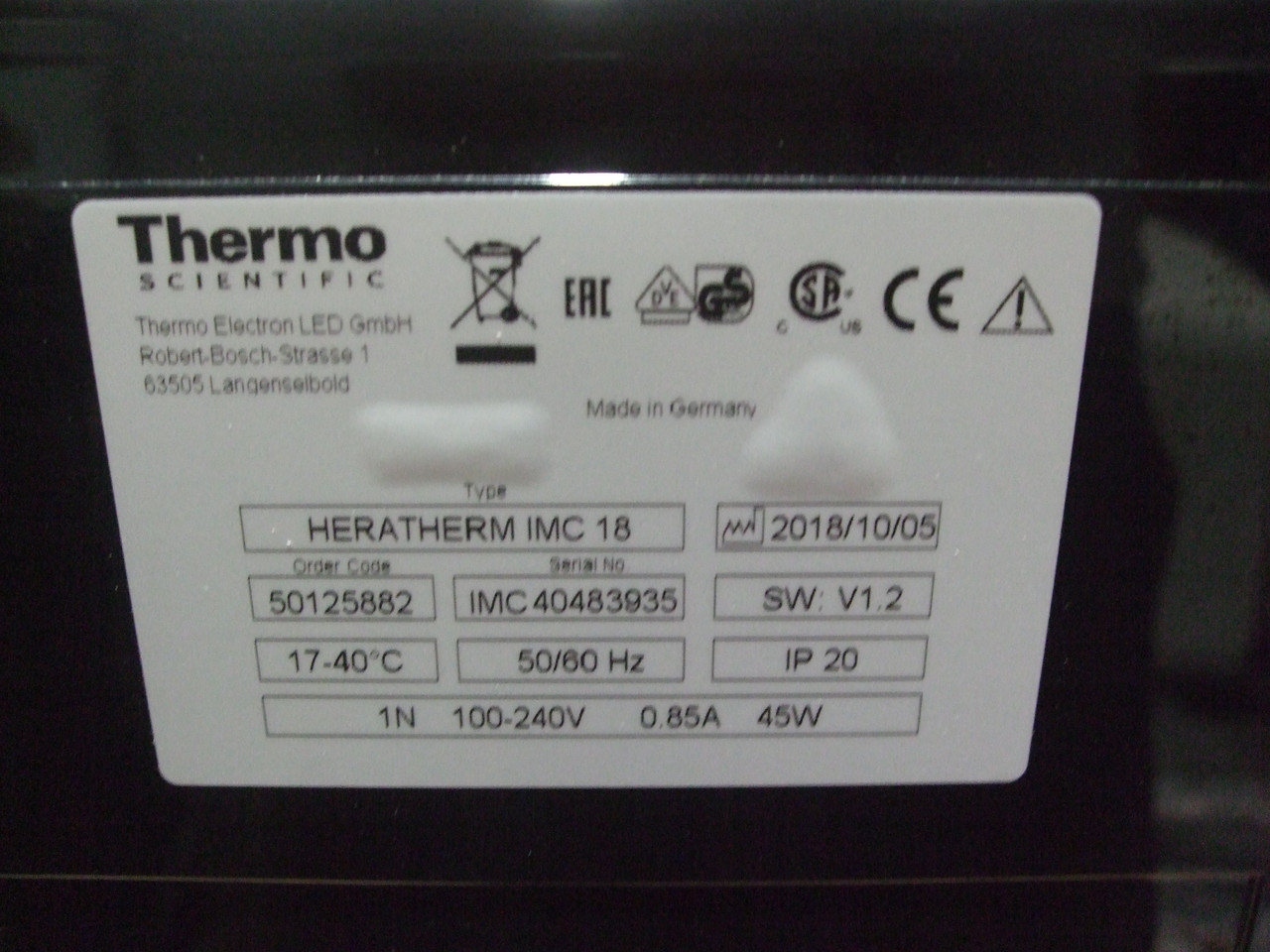 Thermo Scientific Heratherm IMC 18 Incubator - EURO Cord