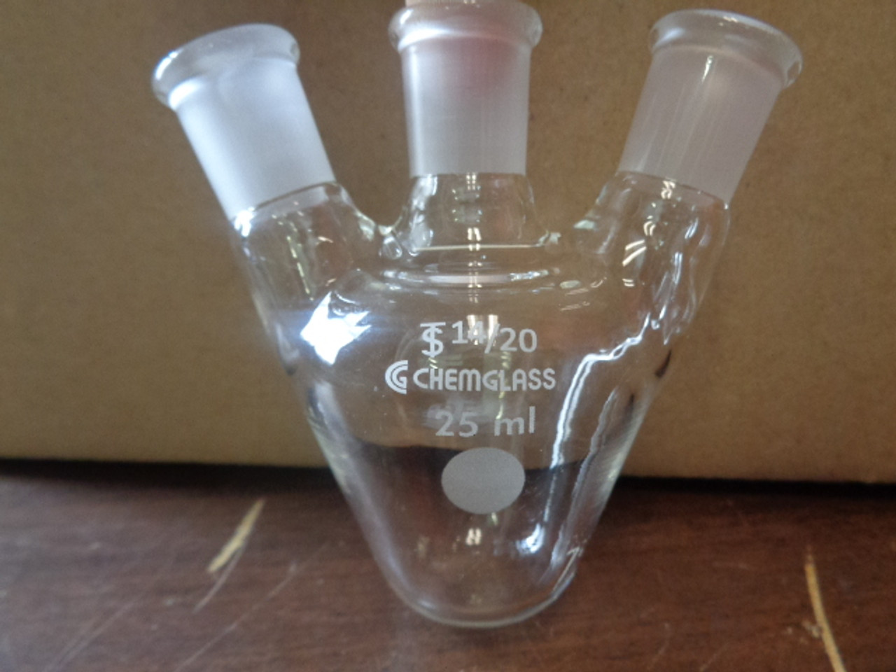 Chemglass 3 Necked 25 mL Angled Reaction Flask 14/20