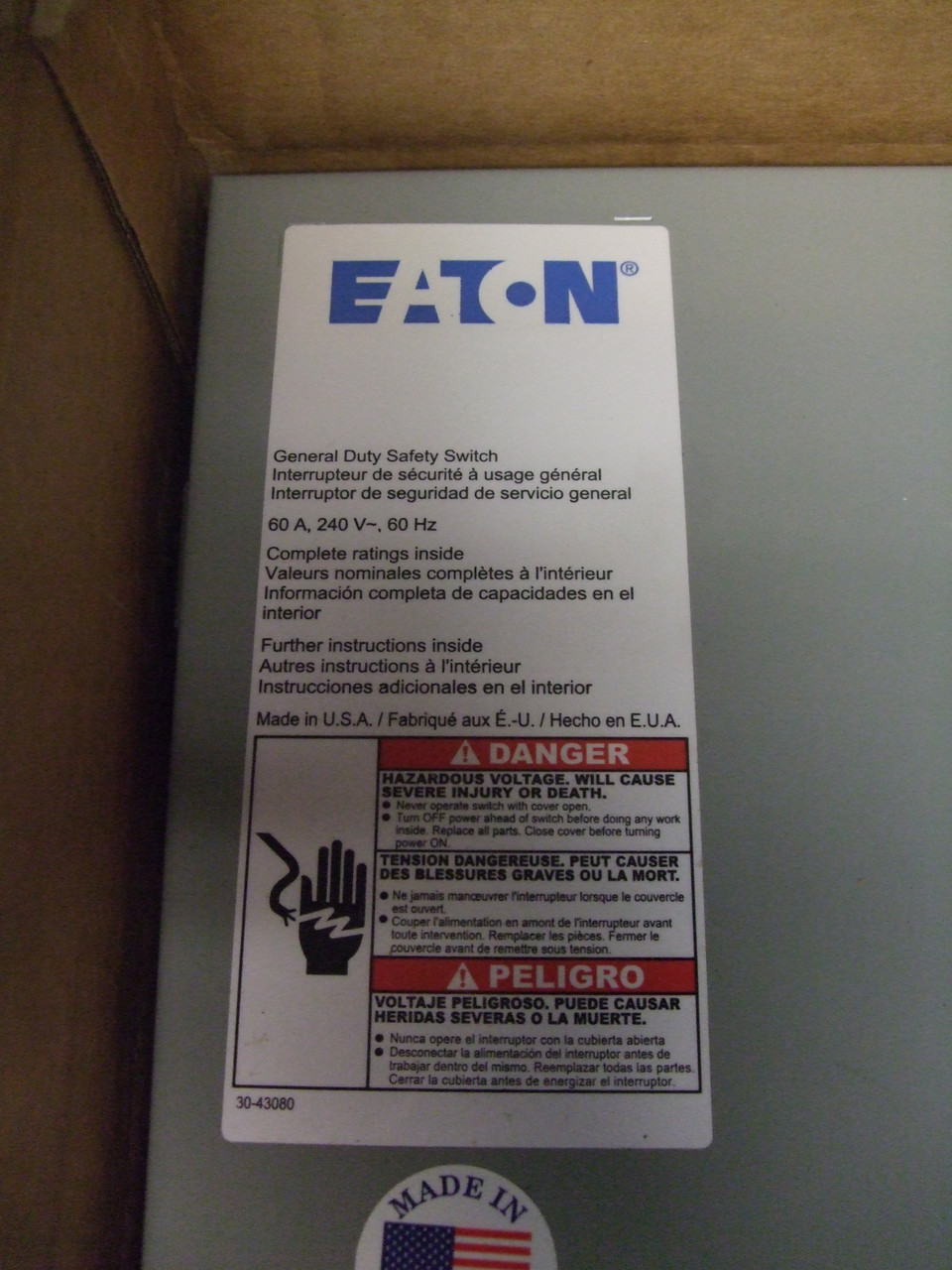 Eaton DG322UGB 60 Amp. Heavy Duty Safety Switch, 3 Poles - New