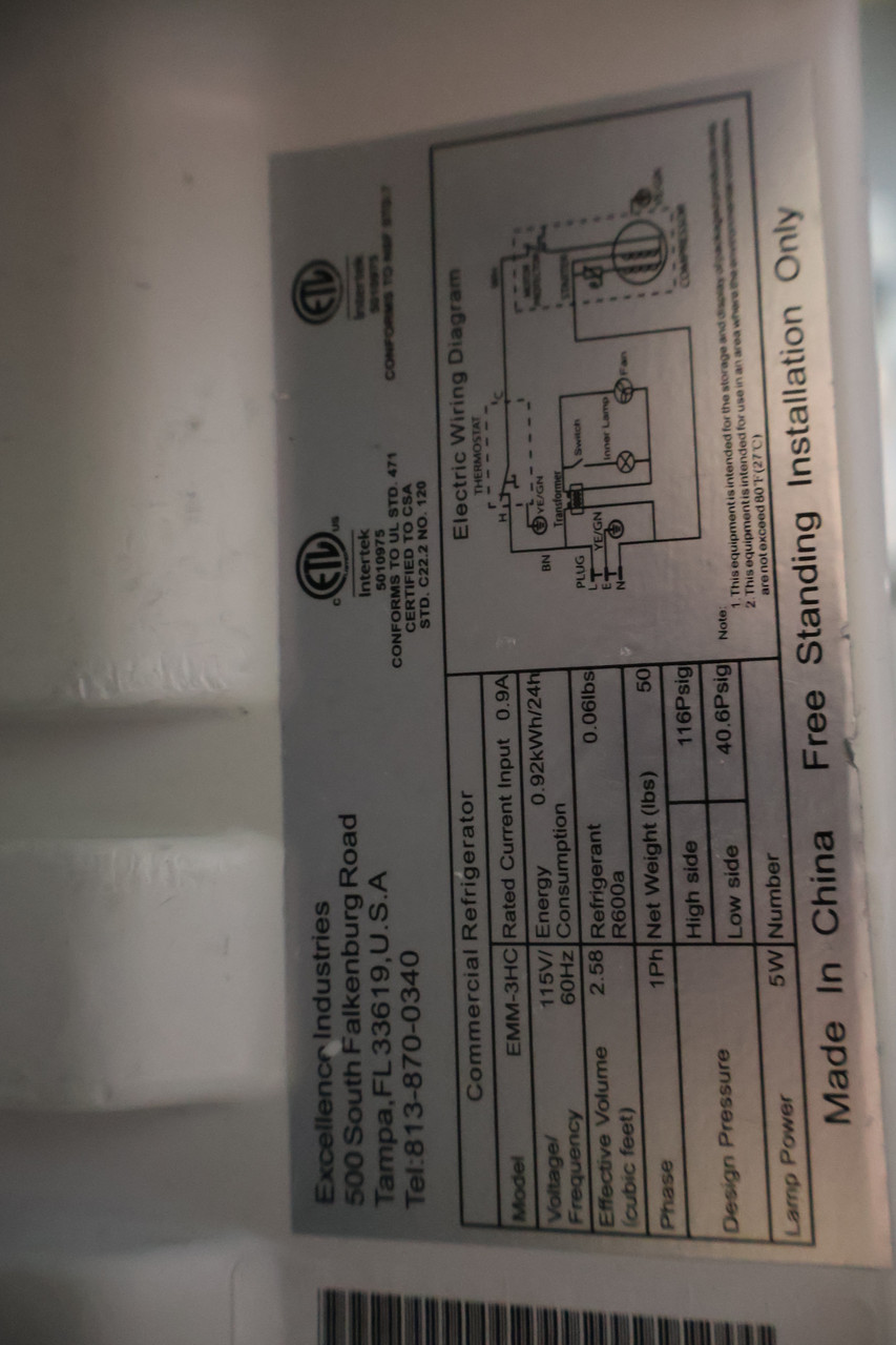Excellence Industries EMM-3HC Commercial Refrigerator 17" Door