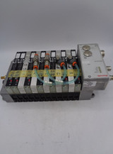 Rexroth R 480 002 769 Manifold Block w/ (7) 0 820 055 052 Solenoid Valves and Rexroth RMV-DP/F