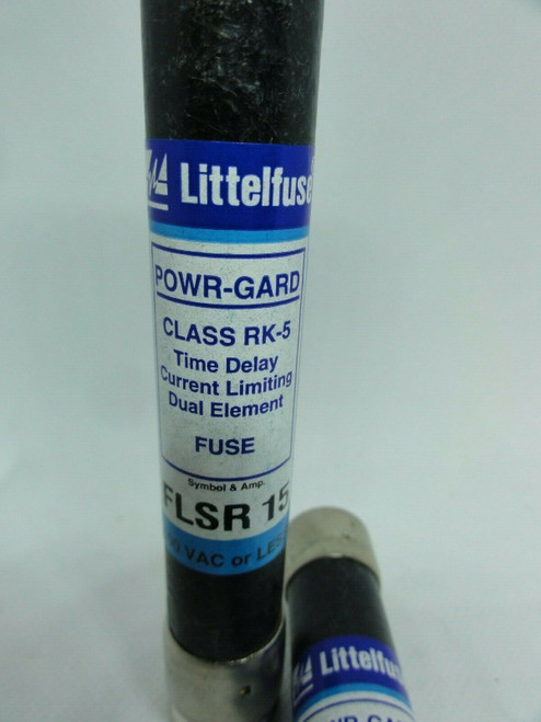 (2) LITTLEFUSE POWR-GARD FLSR15 RK5 TIME DELAY LIMITING DUAL ELEMENT FUSES