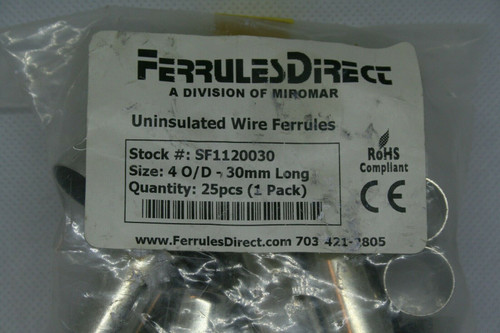 BAG OF 25 - FERRULES DIRECT SF1120030 UNINSULATED WIRE FURRULE 4 O/D-30mm LONG