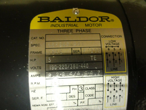 Pump w/ Baldor Motor 3HP 2850RPM 190-220/380-440V, Spec 36F285W841 FR: 184C