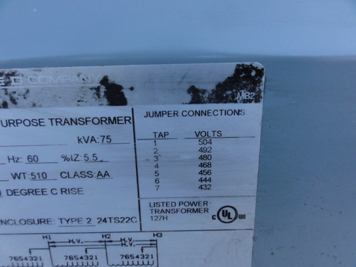 Square D Sorgel 75T3H Three Phase Transformer 75 KVA 480-208Y/120V