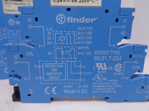 (6) Finder 93.01.7.024 Relay Sockets w/ 34.51.7.024.4010 Relays