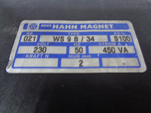 Neue Hahn Magnet Type WS 9B/34 (S100), 230V, 50Hz, 450VA