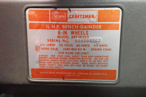 Craftsman 397.19320 1/4 HP Bench Grinder 6 in. Wheels