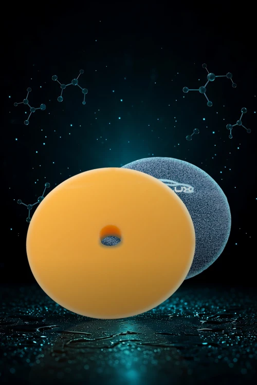 Aqua Buff Orange 5-inch foam polishing pad, front and back
