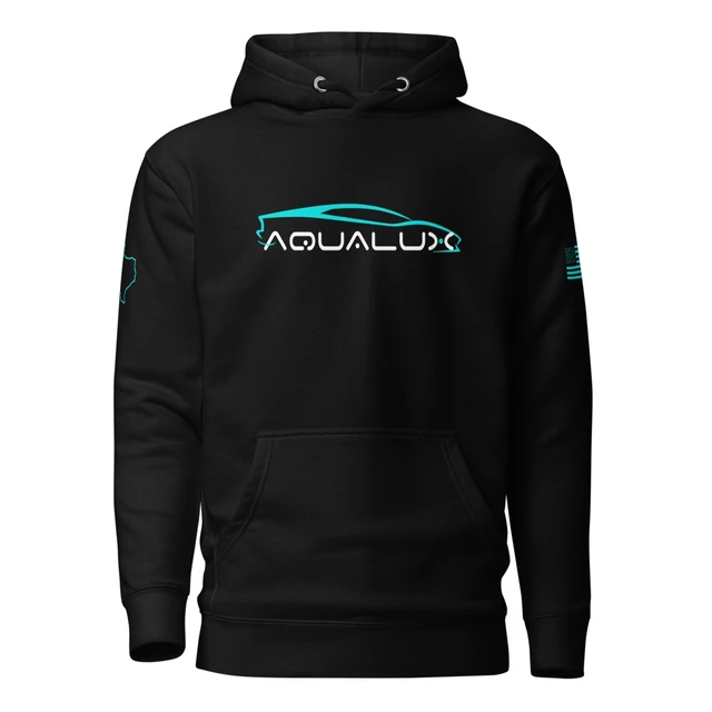 Aqualux Pullover Hoodie in Black, front with Aqualux logo