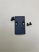 Kineti-Tech RMR to RMSc Black adapter plate with included mounting screws displayed on a neutral background. Precision-machined plate designed for Glock 17, 19, and 26 RMR cut slides to support RMSc optics.

RMR to RMSc Black adapter plate with screws for Glock 17 19 26 optic conversion.