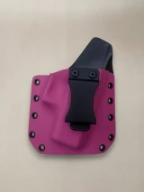 Bubblegum Pink Kydex holster with belt clip attached and riveted edges, shown from the front on a neutral background.

Bubblegum Pink Kydex holster for Glock 43/43X with adjustable cant, IWB/OWB compatible, made in USA.