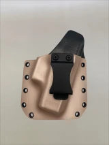 Rose Gold Kydex holster with belt clip attached and riveted edges, shown from the front on a neutral background.

Rose Gold Kydex holster for Glock 43/43X with adjustable cant, IWB/OWB compatible, made in USA.