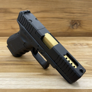 GLOCK 19 PATTERN SLIDE STYLE #9 COMPLETE ASSEMBLY WITH GOLD TIN PORTED BARREL GLOCK 19 PATTERN SLIDE STYLE #9 COMPLETE ASSEMBLY WITH GOLD TIN PORTED BARREL
