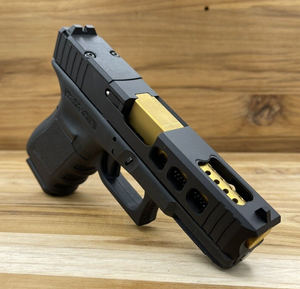 GLOCK 19 PATTERN SLIDE STYLE #11 COMPLETE ASSEMBLY WITH GOLD TIN PORTED BARREL GLOCK 19 PATTERN SLIDE STYLE #11 COMPLETE ASSEMBLY WITH GOLD TIN PORTED BARREL