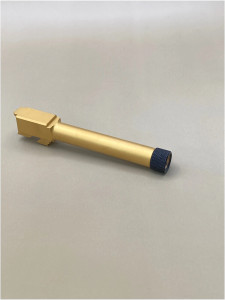 Angled side view of a Glock 17 Gen 1-4–compatible 9mm threaded barrel featuring a Gold Titanium Nitride (TiN) finish, precision‑machined from 416R stainless steel and designed for drop‑in installation with 1/2x28 threads.

Glock 17 Gen 1-4 threaded barrel with Gold TiN finish – 1/2x28 drop‑in.