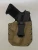Glock pistol seated in a carbon fiber kydex texture holster, FDE, showing fit, retention, and clip positioning.

FDE carbon fiber kydex texture holster with belt clip.