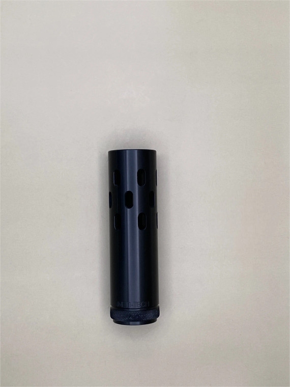 Multi slotted replacement barrel shroud tube measuring 5 5/8 inches length with knurled base, featuring a smooth black finish and elongated ventilation slots. Designed for proper barrel coverage and secure installation in firearm shroud assemblies.

Multi slotted barrel shroud tube with knurled base in black finish.