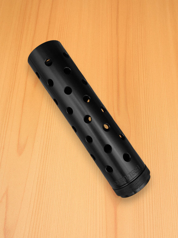 Multi‑hole shroud tube with knurled base featuring a smooth black finish and evenly spaced through‑hole pattern along the tube body. Designed as a replacement shroud tube for proper barrel coverage and secure installation.

Multi-hole shroud tube with knurled base in black finish.