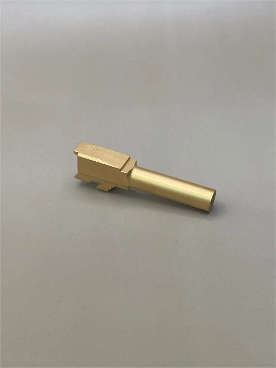 Angled side view of a Glock® 43/43X Gold TiN coated barrel. Precision‑machined from 416R stainless steel and is a drop‑in barrel.


Glock 43/43X 9mm Gold TiN coated stainless steel barrel side view drop‑in.