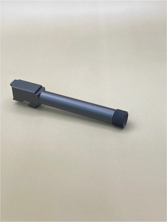 Angled side view of a Glock 17 Gen 1-4 Black threaded barrel finished in black DLC, showing the precision‑machined chamber area and threaded muzzle designed for drop‑in installation.

Glock 17 Gen 1-4 9mm threaded DLC stainless steel barrel side view – 1/2x28 drop‑in.